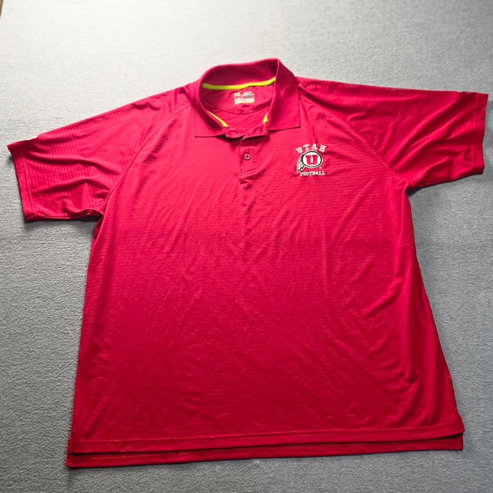 Under Armour Utah Utes Football Polo Shirt Mens‎ 2XL HeatGear Catalyst Red Loose